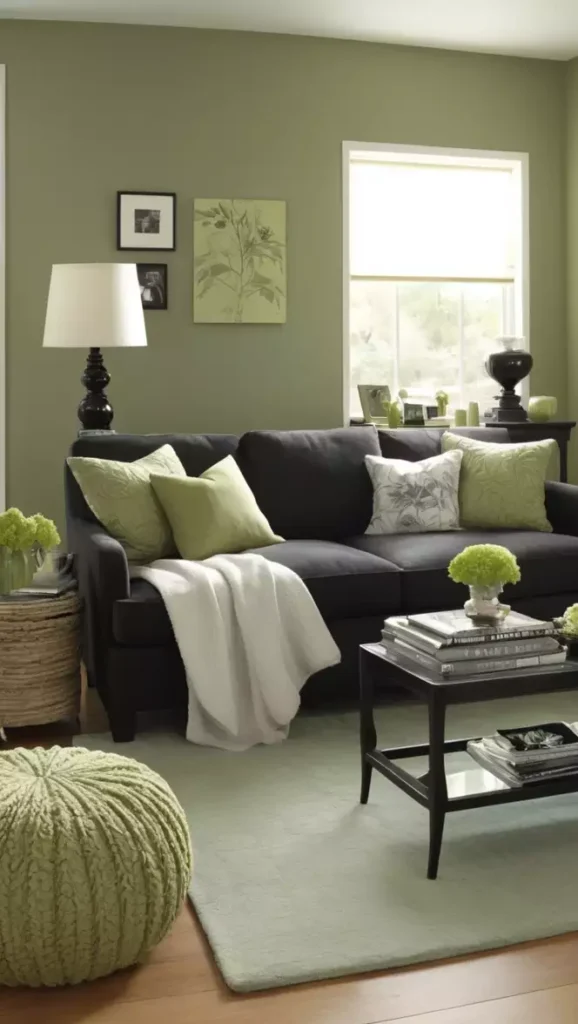 Sage green walls paired with a black sofa, lime pillows, and a knitted pouf
