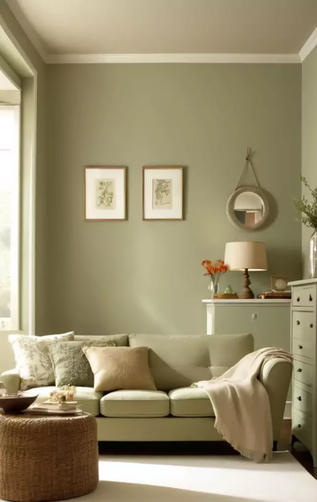 Sage green walls with a tan-and-cream sofa, wicker ottoman, and round mirror