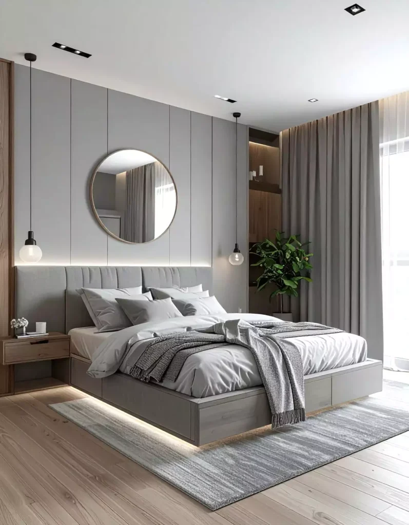 Scandinavian-style grey paneled bedroom wall with round wood mirror and pendant lighting