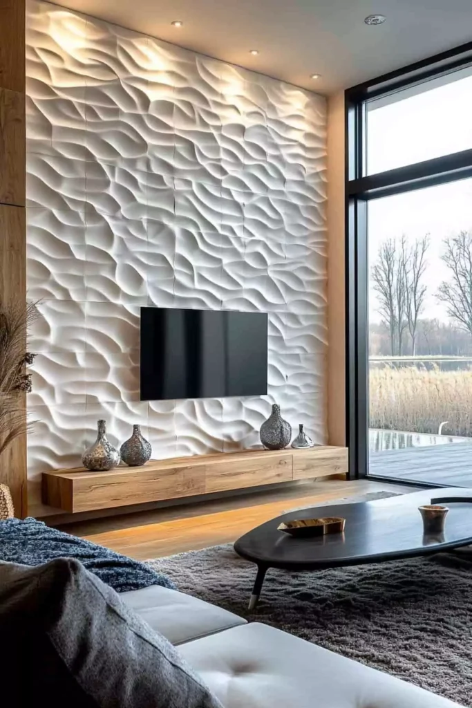 Sculptural 3D wave-pattern wall panels behind TV in modern living room