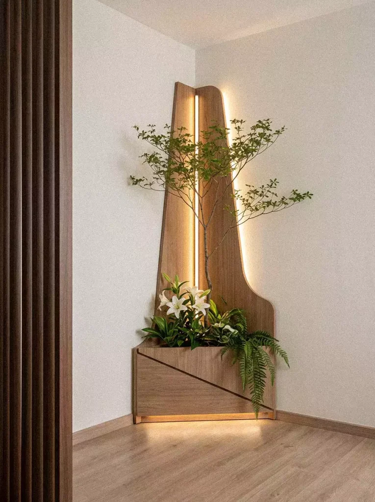 Sculptural Wood Planter Wall Corner Decor With Tree And Ambient Lighting