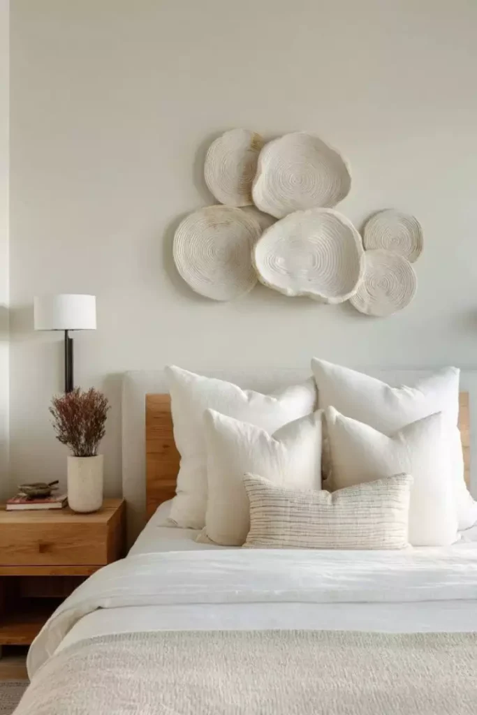 Sculptural white ceramic wall art as textured over the bed wall decor in a neutral bedroom