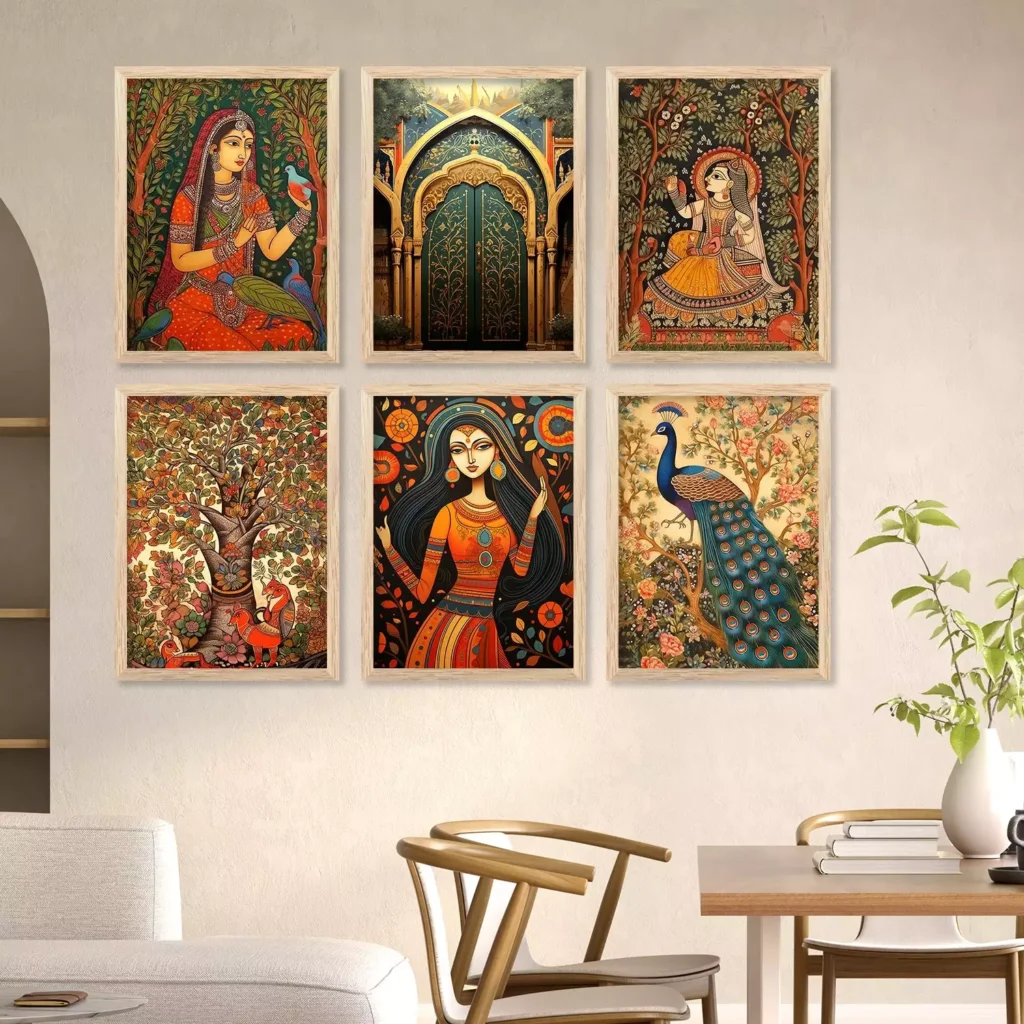 Set of 6 Madhubani style Indian wall decor paintings with peacocks, a tree of life, and traditional women figures