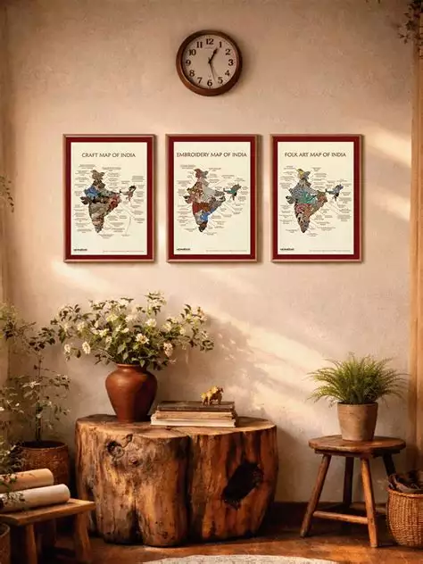 Set of three framed Indian wall decor art prints Craft Map, Embroidery Map, and Folk Art Map of India