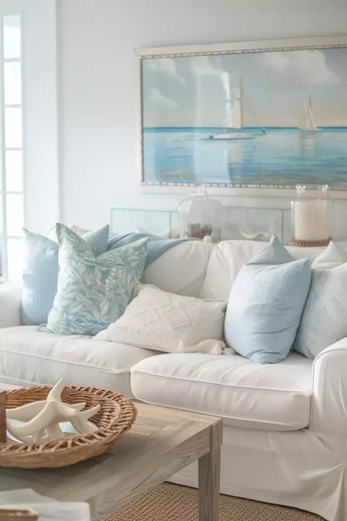 Slipcovered sofa beneath a framed sailboat on a white above sofa wall