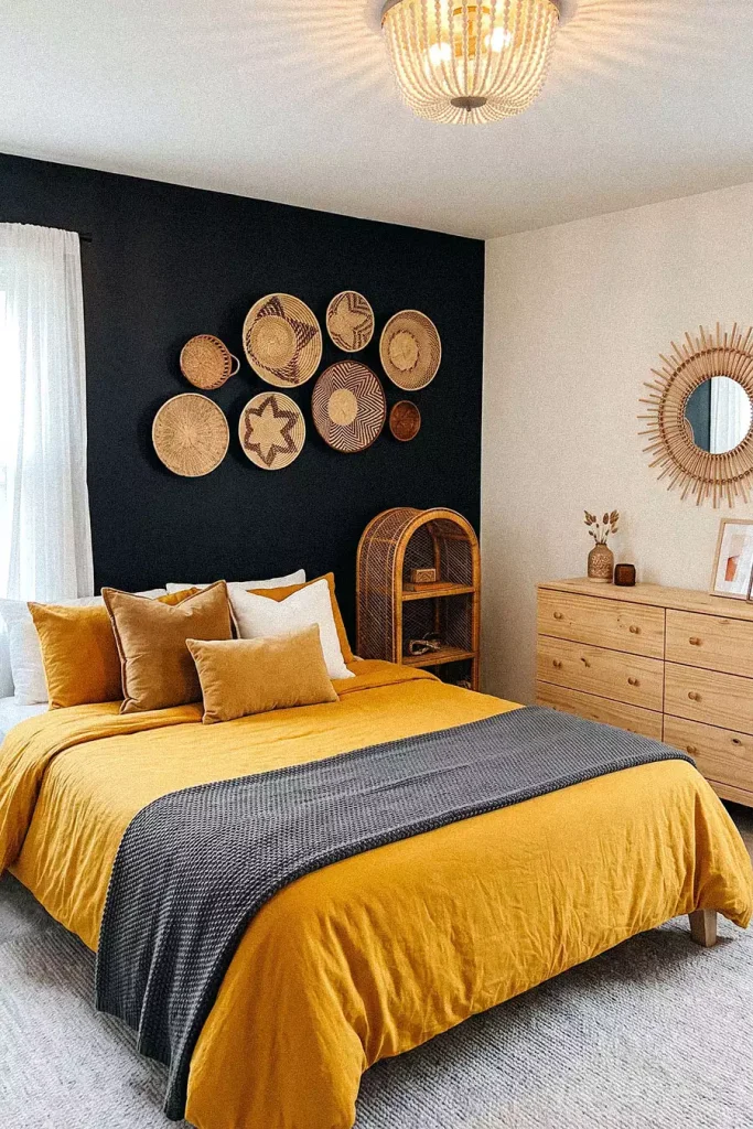 Small Bedroom Wall Decor With A Woven Basket Gallery Above A Mustard Yellow Bed