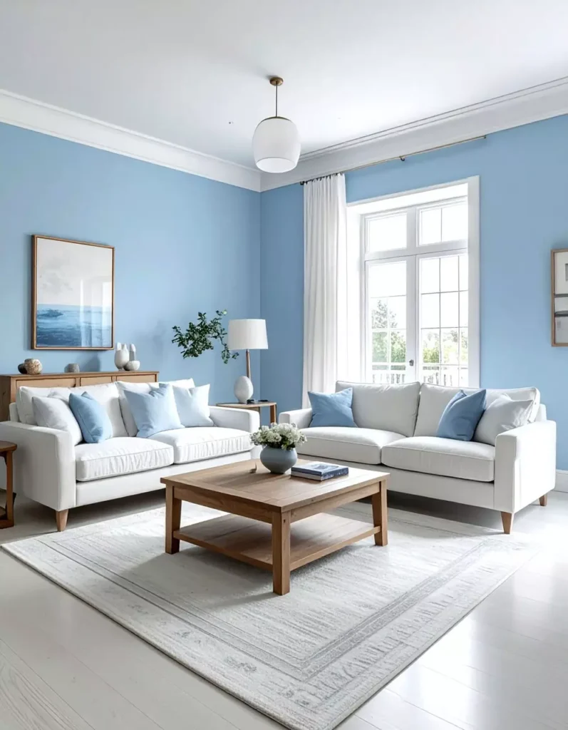 Soft Pale Blue Living Room Walls With White Sofas And Blue Accent Pillow