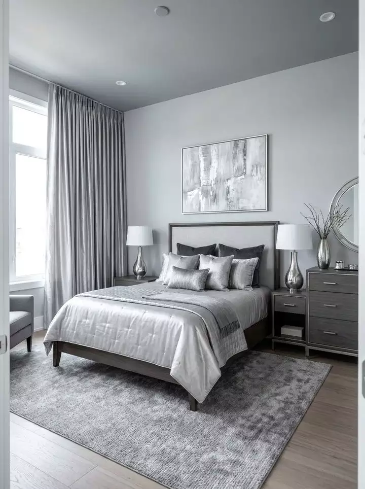Soft grey bedroom wall with silver-toned decor and an abstract framed print