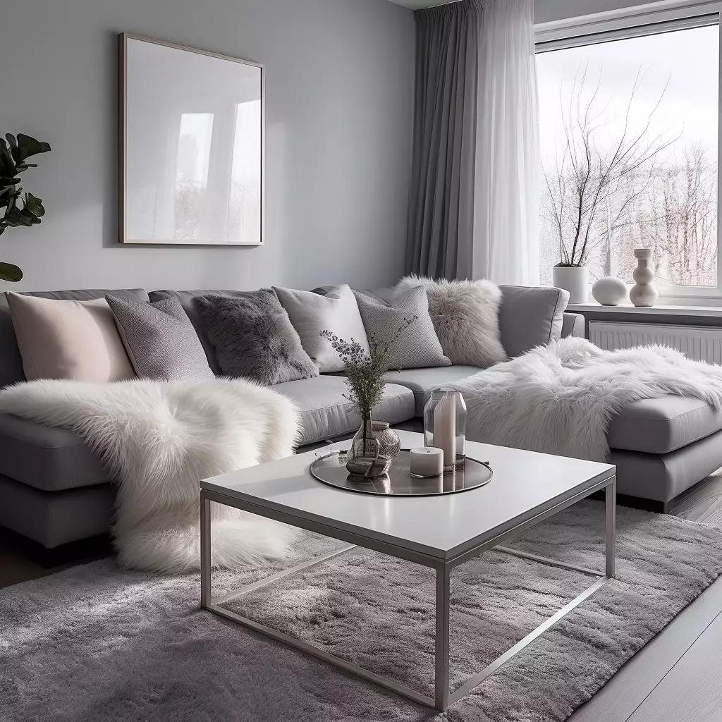 Soft grey living room decor with faux fur throws, textured cushions and metal frame coffee table