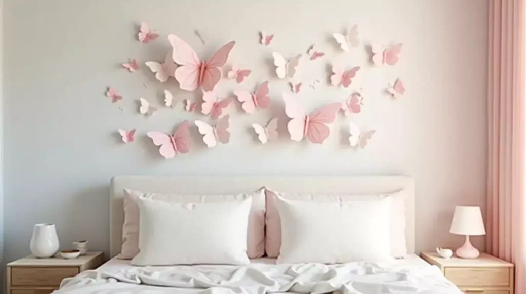 Soft pink layered-paper Butterfly Wall flurry above a pastel upholstered headboard