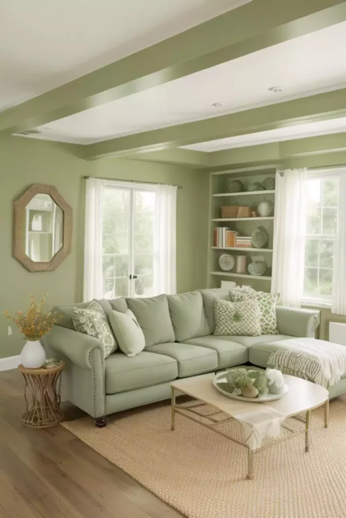 Soft sage green walls wrapping a bright living room with a sectional sofa