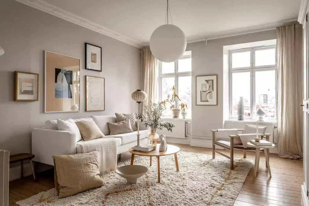 Soft white gallery wall living room, paper lantern, shag rug, pale wood chair
