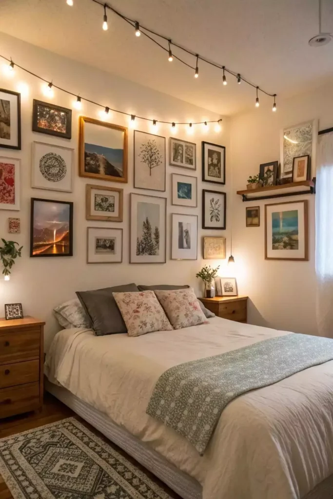 String lights draped over an eclectic gallery wall as boho over the bed wall decor