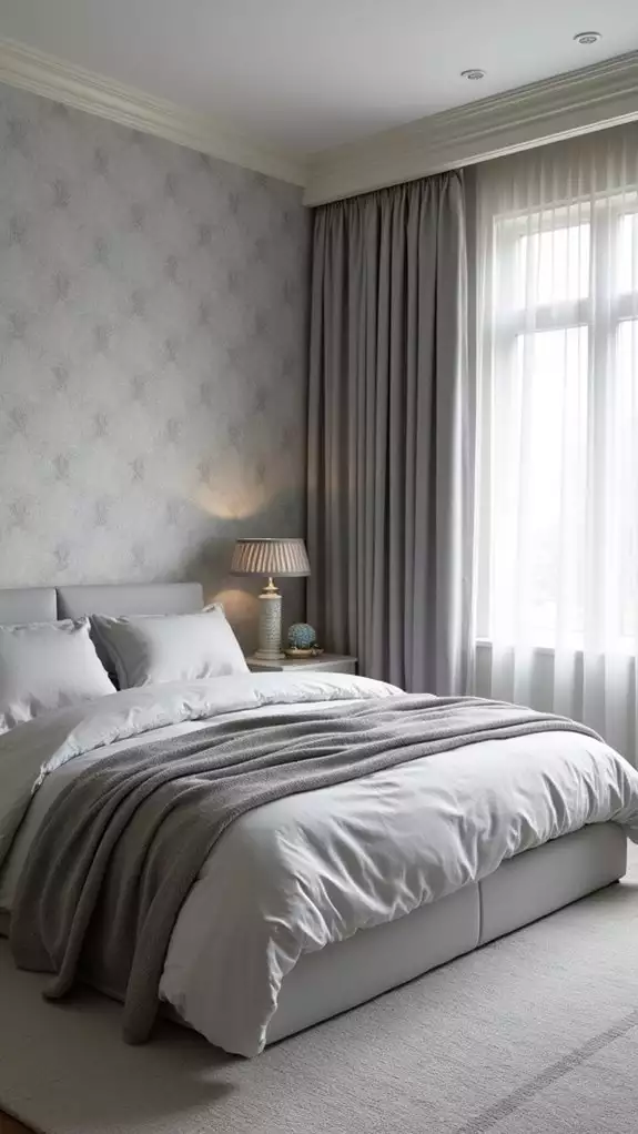 Subtly textured grey wallpaper bedroom wall with soft neutral bedding