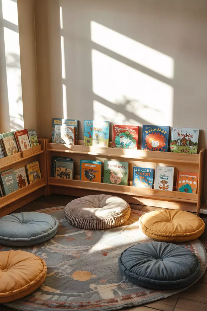 Sunlit Preschool Reading Corner With Low Bookshelves And Round Floor Cushions