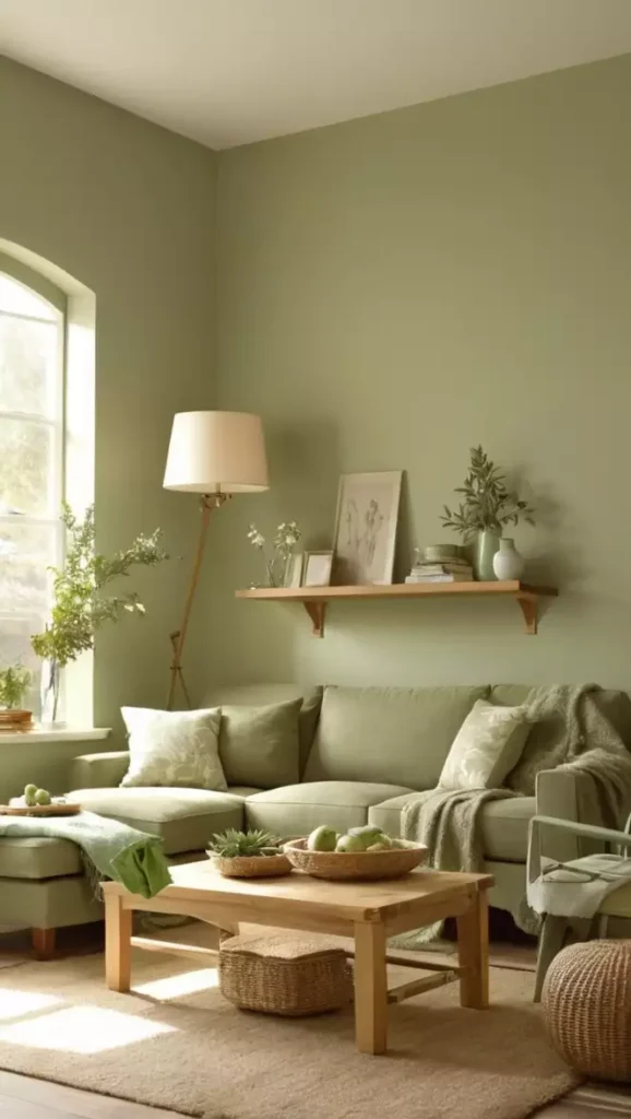 Sunlit sage green walls with a matching sofa and a simple wood shelf