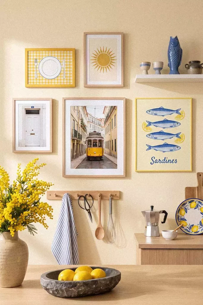Sunny Yellow Gallery Wall With Framed Sardine And Tram Prints Is Cheerful Kitchen Wall Decor