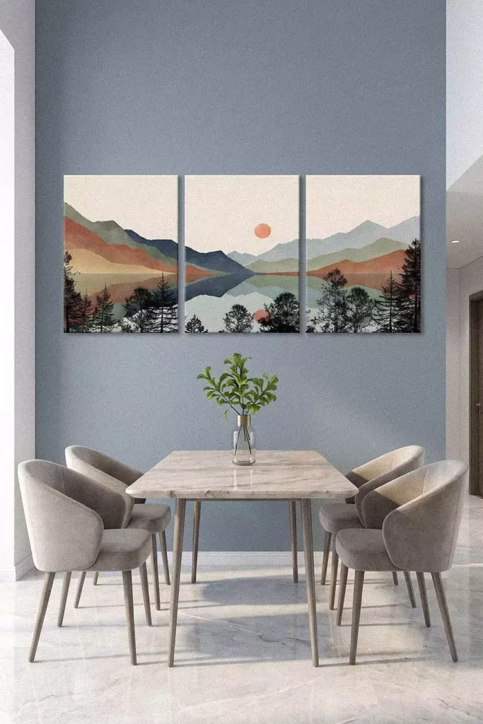 Sunset Mountain Triptych Wall Decor Above Dining Table