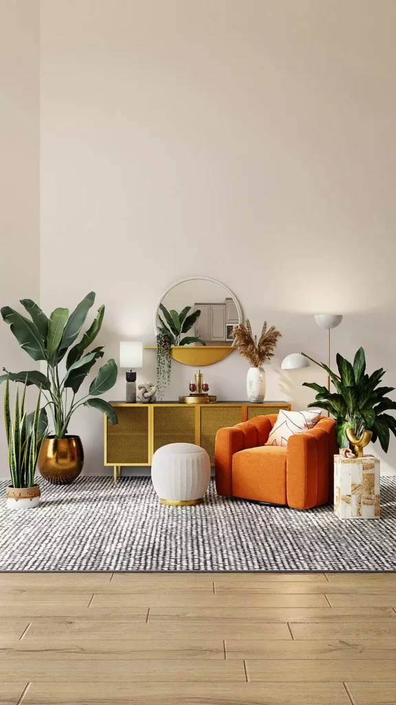 Tan wall living room decor idea with a mustard yellow sideboard and a bold orange velvet accent chair