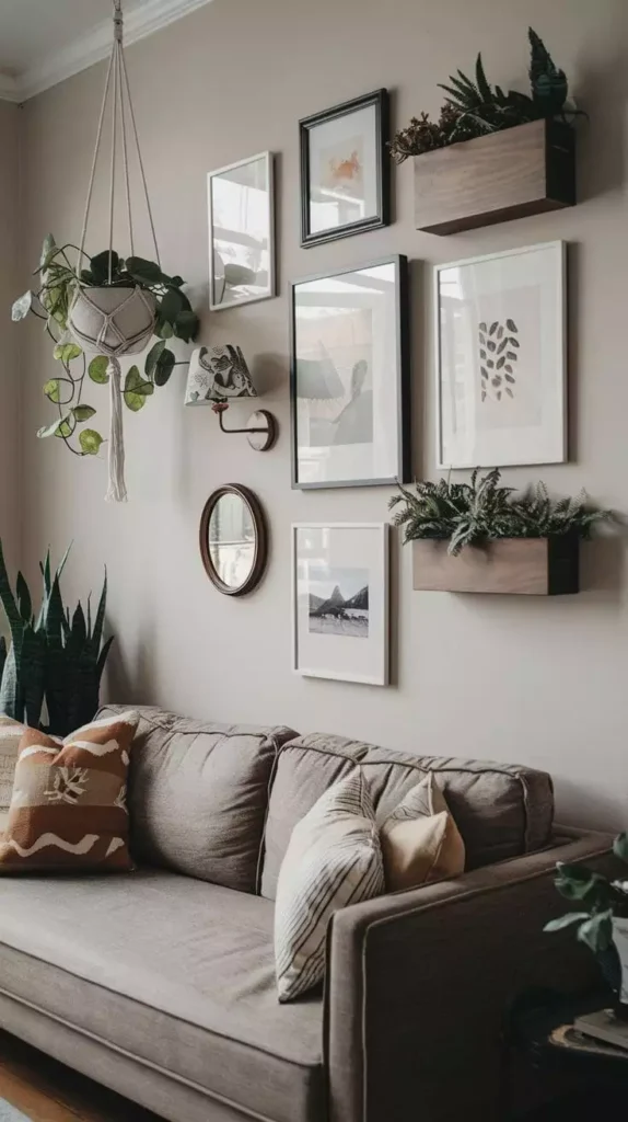 Taupe sofa under frames and wall planters on a blush above sofa wall
