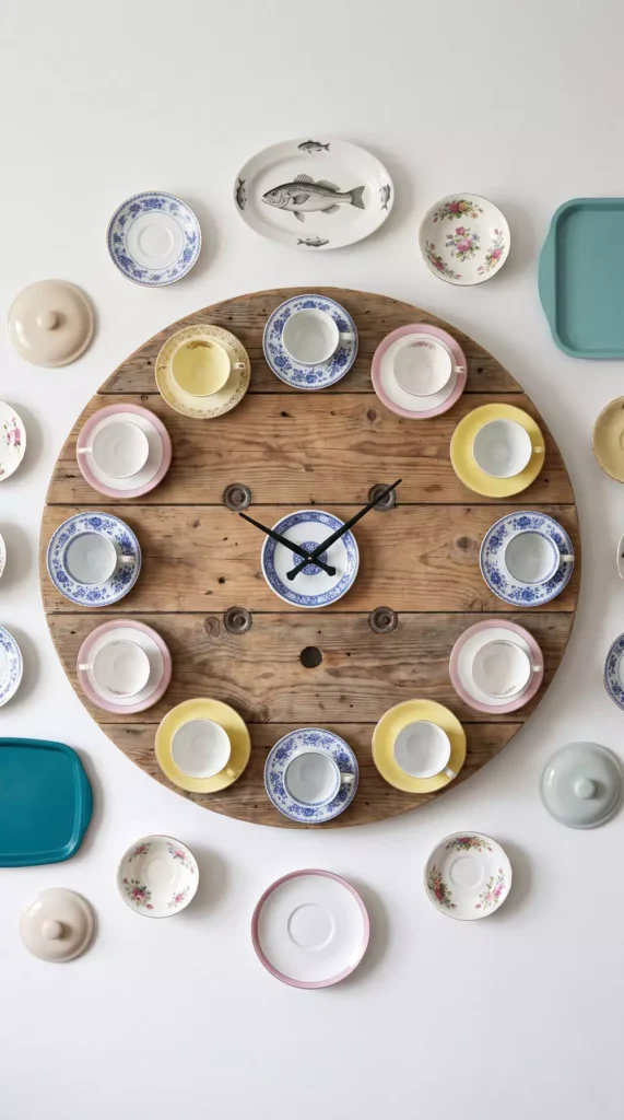 Teacup and saucer plate wall decor arranged as a clock face on a wooden spool
