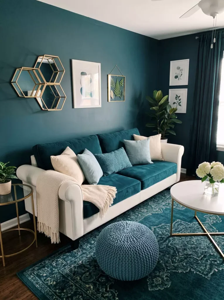 Teal Accent Wall Living Room With A Gold Hexagon Mirror Set And Velvet Sofa