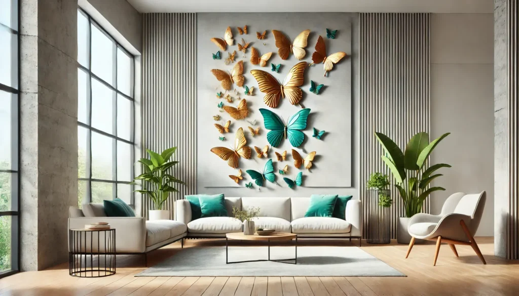 Teal and amber 3D Butterfly Wall sculpture centered over a cream sectional