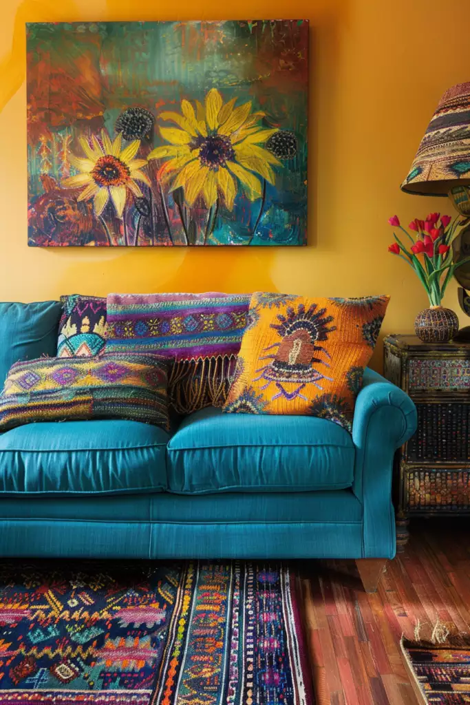 Teal velvet sofa under sunflower art on a mustard above sofa wall