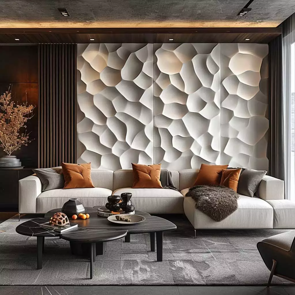 Textured 3D wall panel decor behind sofa with rust-colored throw pillows