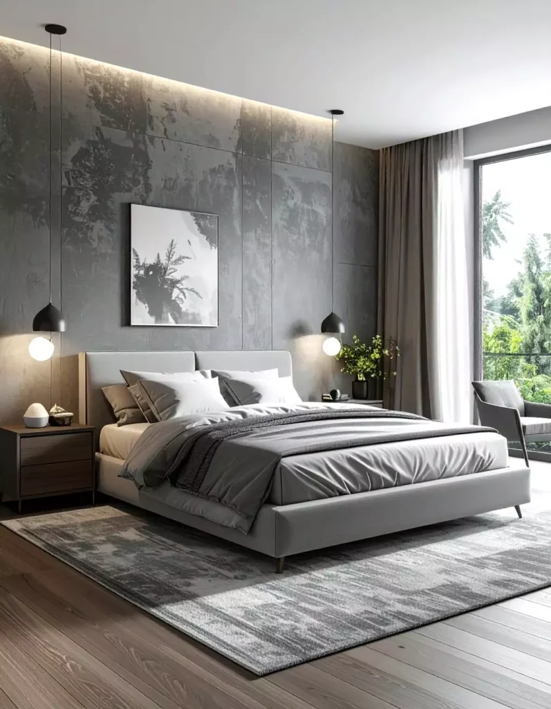 Textured concrete-look grey bedroom wall with hanging pendant lights and framed botanical art