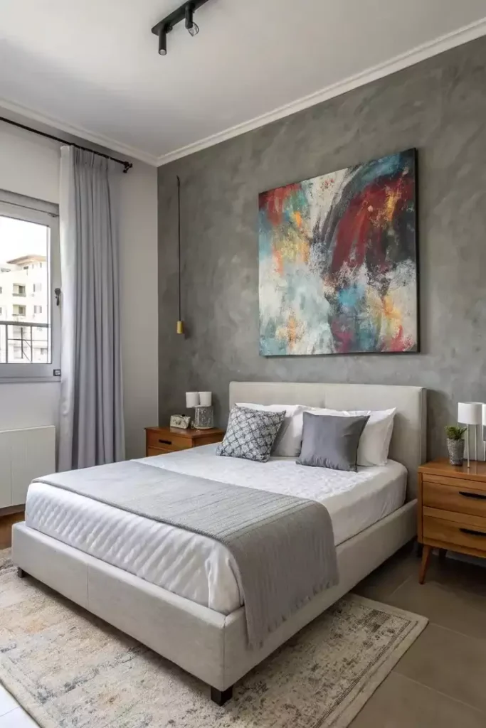 Textured grey bedroom wall featuring a large colorful abstract painting