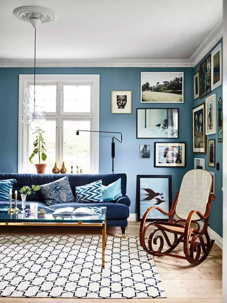 Transitional Living Room Layering Multiple Shades Of Blue On The Walls