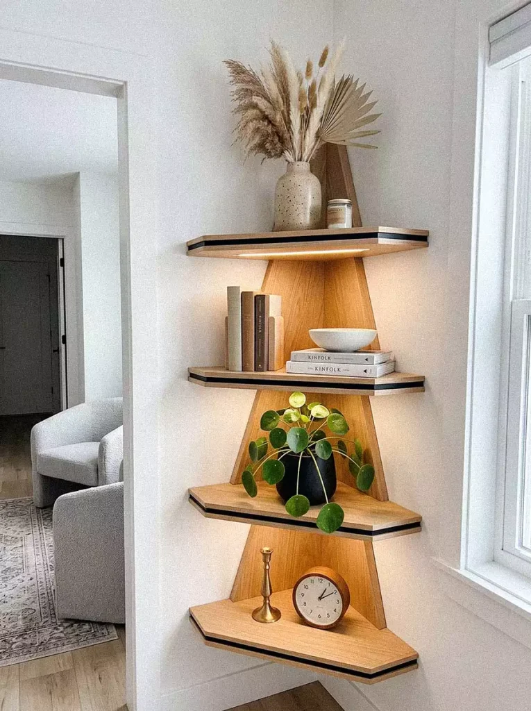Triangular Wooden Wall Corner Decor Shelves With Dried Flowers And Clock