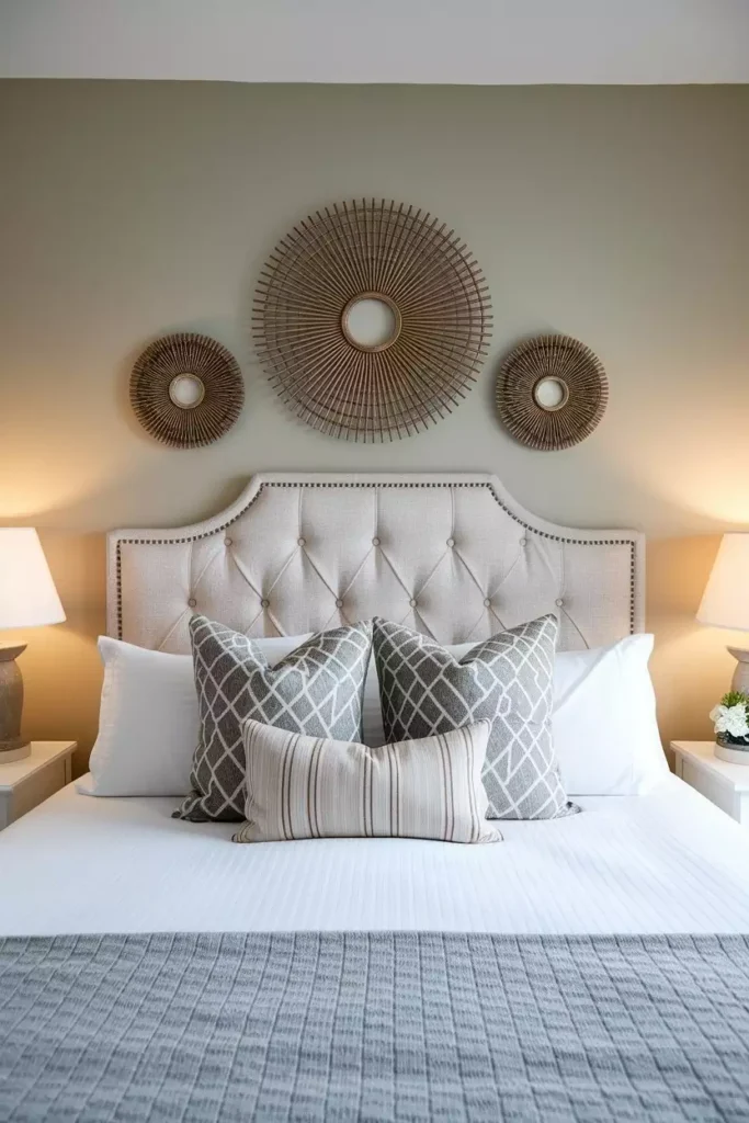 Trio of round woven mirrors in graduated sizes as over the bed wall decor above a tufted headboard