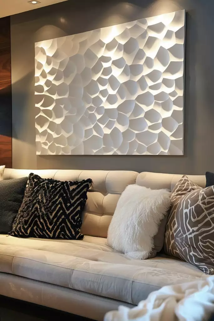 Tufted sofa under a backlit honeycomb relief on a gray above sofa wall