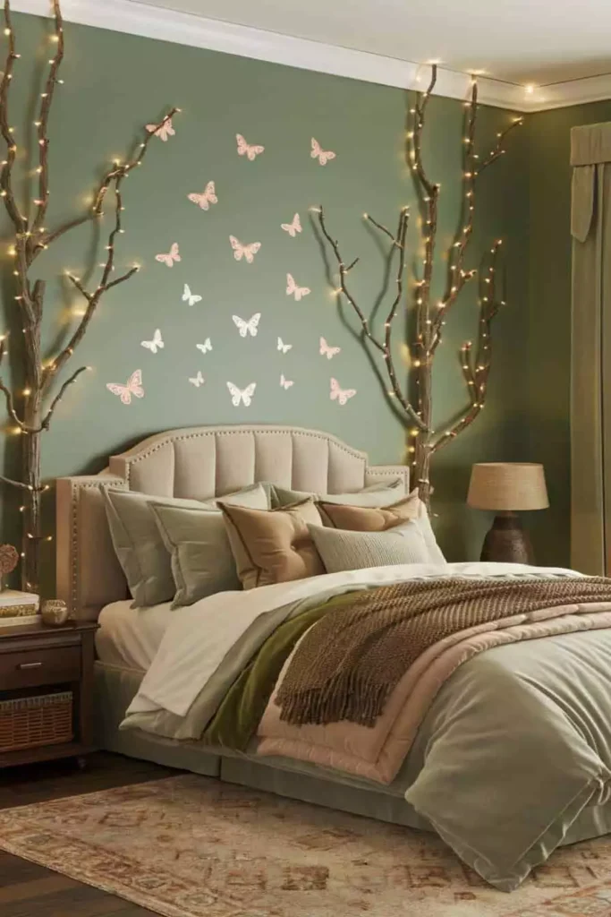 Twinkling branch lights framing a sage-green Butterfly Wall behind a velvet bed