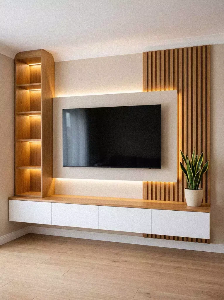 Two Tone Wood And White TV Wall Unit With Built In Corner Shelving