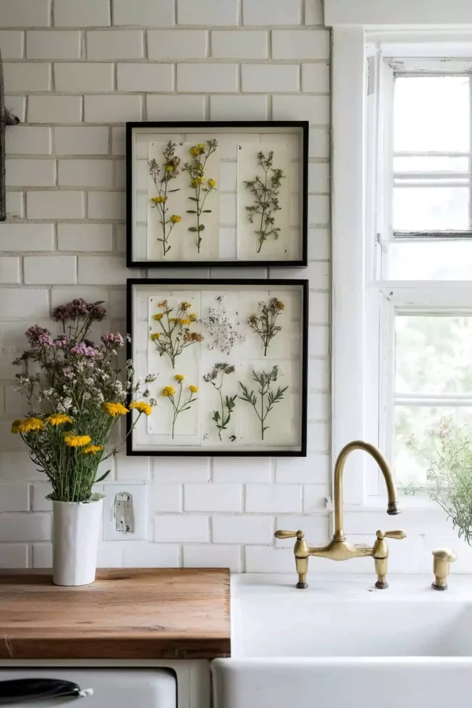 Two framed pressed flower prints on a white brick kitchen wall by the sink