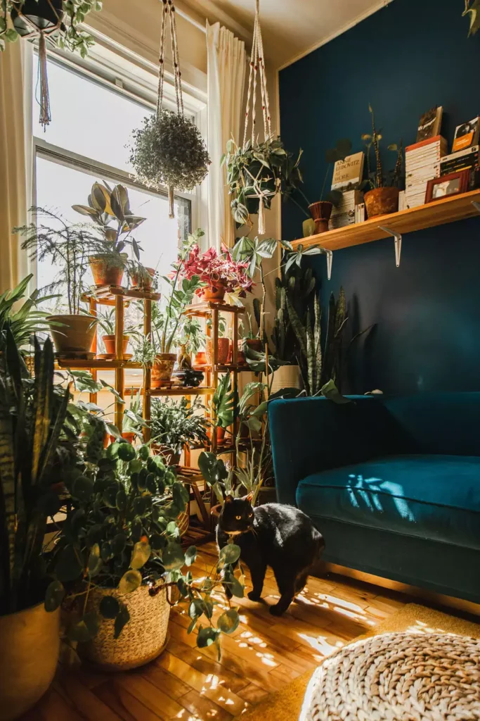 rban jungle living room decor with teal sofa hanging plants and tiered plant stand