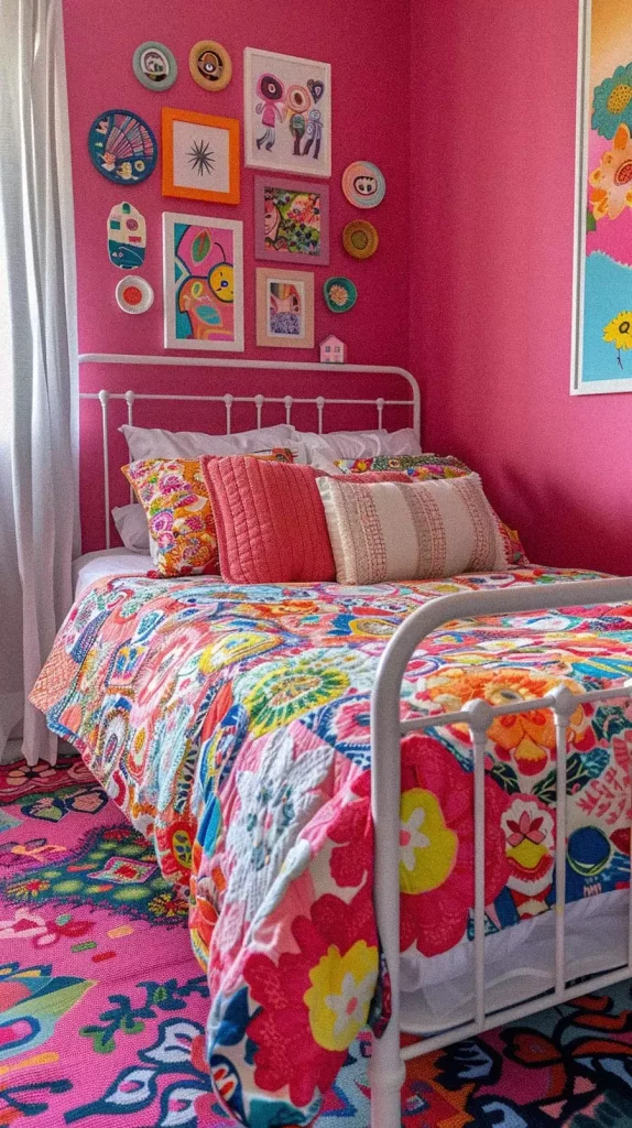 Vibrant Pink Wall Decor Bedroom With A Colorful Floral Quilt And Gallery Art