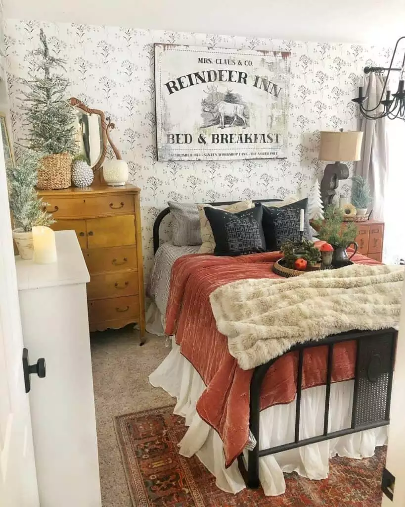 Vintage Reindeer Inn wood sign as rustic holiday over the bed wall decor