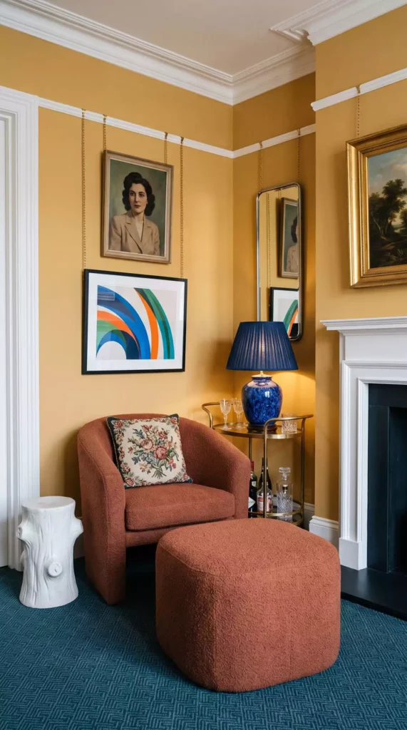 Vintage living room corner decor with rust boucle chair mustard walls and blue ceramic lamp