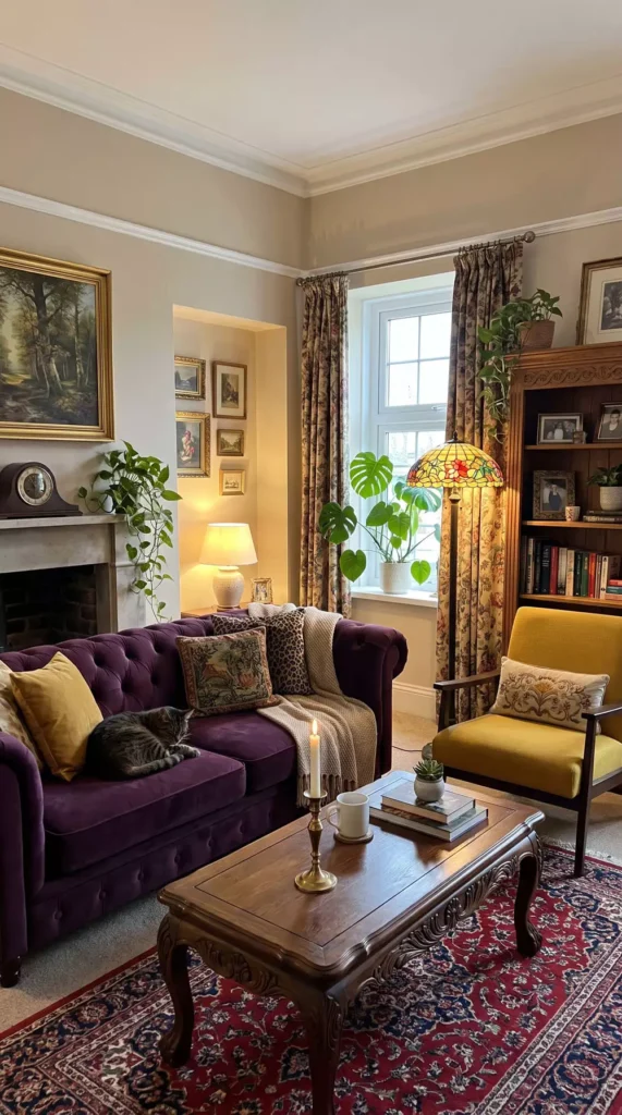 Vintage living room corner with purple chesterfield sofa yellow accent chair and Persian rug