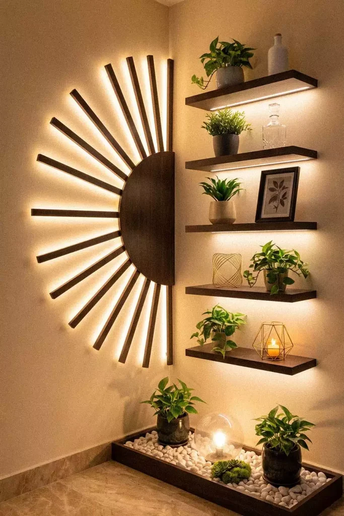 Wall Corner Decor Sunburst Wood Sculpture With Lit Floating Plant Shelves