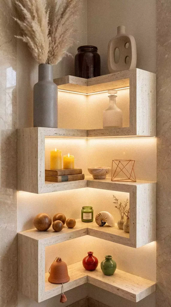 Wall Shelf Decor Carved Into A Glowing Stone Corner Nook