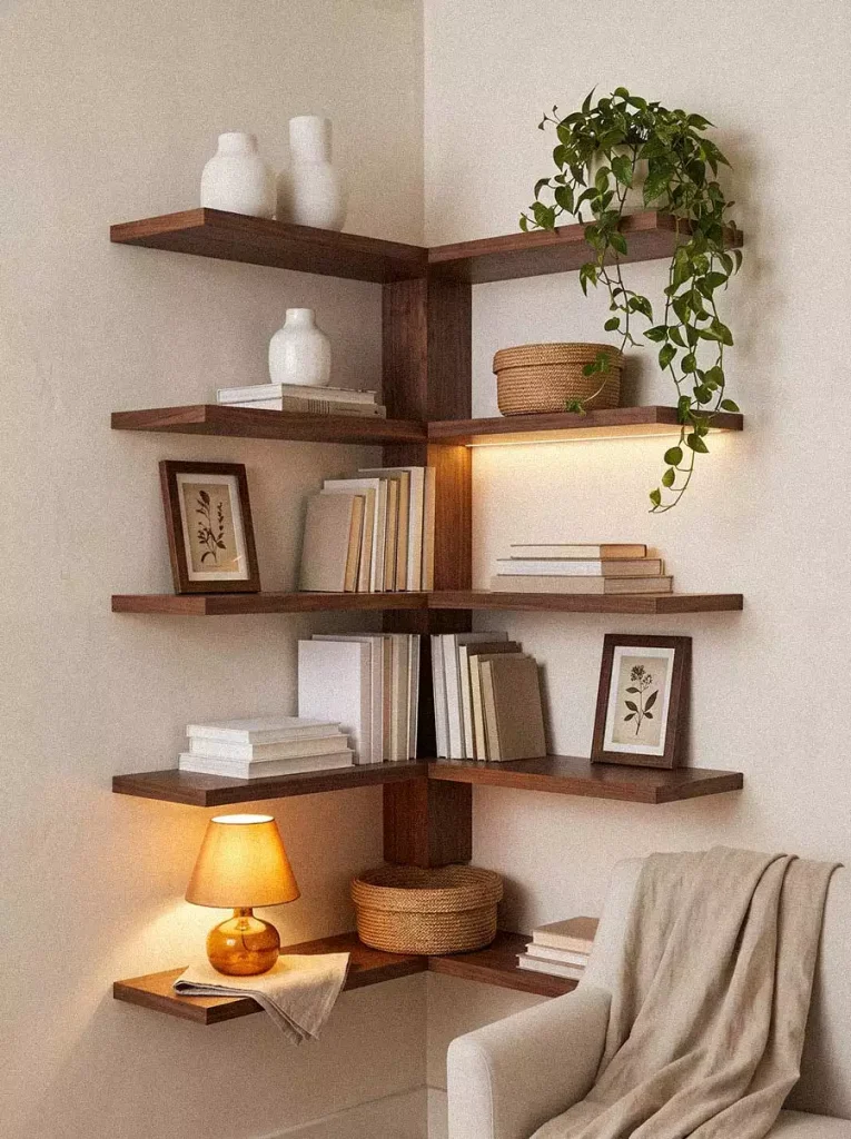 Walnut Corner Wall Shelf Decor Paired With A Warm Reading Lamp
