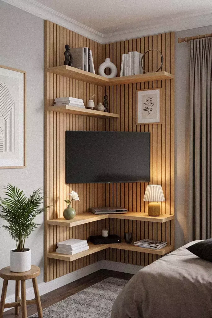 Warm Lit Corner TV Wall in a Bedroom with Slatted Wood Paneling