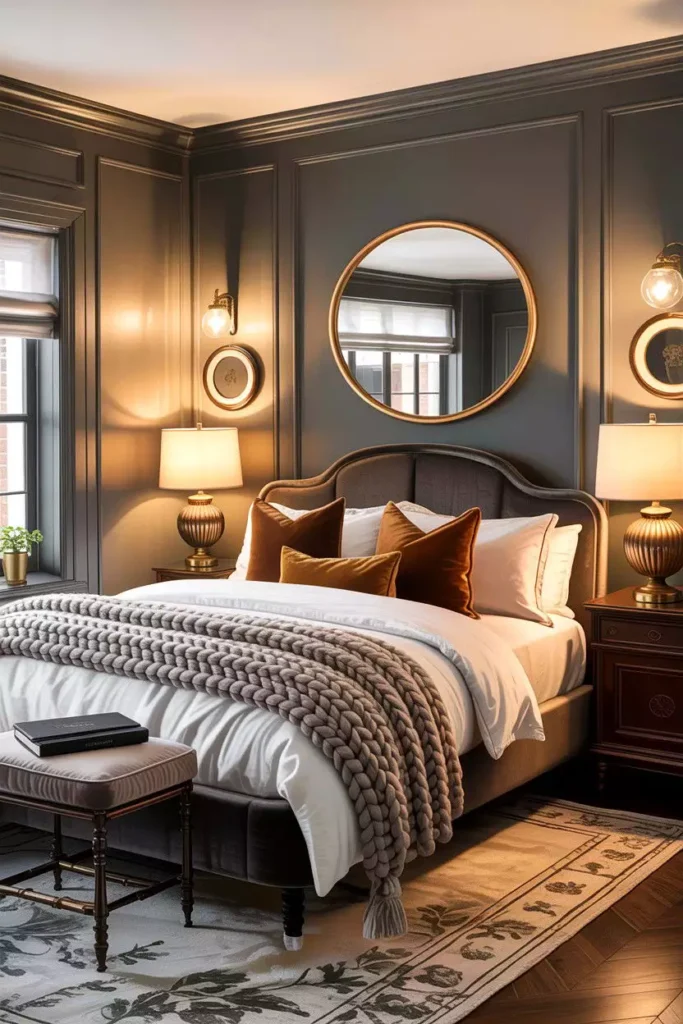 Warm grey paneled bedroom wall with round gold mirror and rust velvet accent pillows