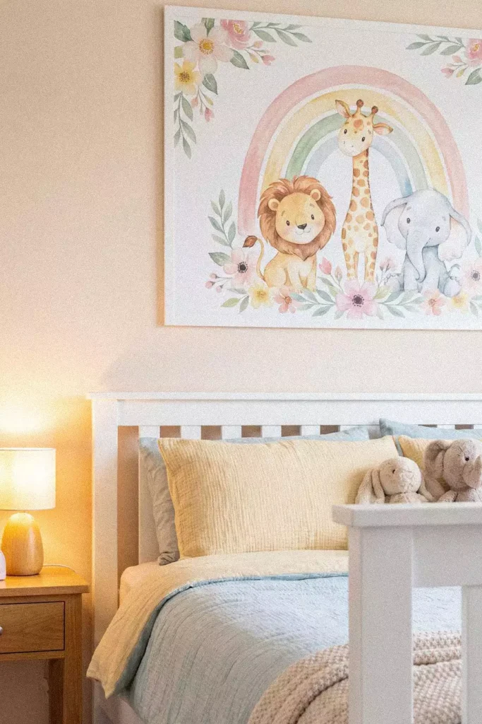 Watercolor safari animal art with a lion, giraffe and elephant under a rainbow as sweet nursery wall decor over a white bed