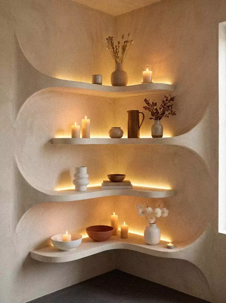 Wavy Plaster Wall Shelf Decor Glowing With Warm Ambient Light